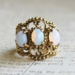 Vintage Three Pinfire Opals Antiqued 18 kt Yellow Gold Electroplated Filigree Style Ring